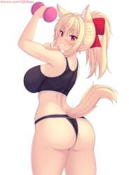 big_ass big_breasts bow_in_hair cat_ears cat_tail flexing gym looking_at_viewer looking_back patreon patreon_username red_bow thong tiffy tiffynyaa working_out