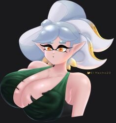 1girls 1other bare_shoulders breasts cleavage dress el_macho_20 grabbing_another's_breast green_dress large_breasts marie_(splatoon) short_hair splatoon tentacle_hair