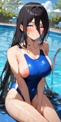 1girls _yumidreams ai_generated black_hair blush boruto:_naruto_next_generations breasts_out female hanabi_hyuuga high_resolution highres hyuuga_hanabi kunoichi large_breasts light-skinned_female light_skin long_hair looking_at_viewer naruto naruto_(series) nipple_slip outdoors patreon_username pool puffy_nipples shueisha sitting smile swimmer swimming_pool swimsuit swimwear tv_tokyo water wet_body white_eyes