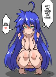 barefoot english_text innie_pussy insult konata_izumi looking_at_viewer lucky_star naughty_face nude nude_female pussy seductive seductive_smile smile solo solo_female text verymediocre