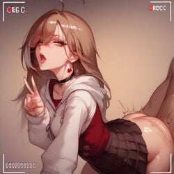 ai_generated brown_hair doggy_style fat_ass hololive looking_at_viewer multicolored_hair nanashi_mumei open_mouth owl_girl peace_sign recording thick_thighs white_hair