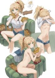 1boy 1girls ass blonde_hair breasts burger eating fate_(series) feet green_eyes looking_at_viewer mcdonald's mordred_(fate) nipples nude short_hair simple_background sofa solo thumbs_up toes tomboy tonee undressing wcdonald's