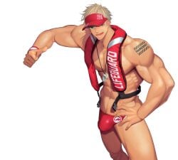 1boy abs arms_up bara beefy biceps big_bulge blonde_hair blush buckle bulge bulge_through_clothing cap collarbone cyan_eyes earrings gay hand_on_hip happy_trail hi_res hunk life_jacket lifeguard lifeguard_swimsuit looking_at_viewer male male_only manly mature_male meisho_hanten muscles muscular muscular_arms muscular_legs muscular_male muscular_thighs navel open_mouth original original_character pecs short_hair six_pack standing sweat sweatdrop swimsuit tattoo tattooed_arm thick_arms thick_eyebrows thick_thighs thong thumbs_up tough_guy v-shaped_eyebrows veiny_arms veiny_belly veiny_muscles veiny_neck very_high_resolution whistle whistle_around_neck white_background wide_shoulders wristband