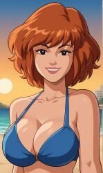 ai_generated april_o'neil april_o'neil_(tmnt_1987) beach big_breasts blue_bikini bonnieaiart bra breasts brown_eyes brown_hair cleavage in_her_twenties large_breasts looking_at_viewer mature_female outdoors smile ta-tas teenage_mutant_ninja_turtles wavy_hair