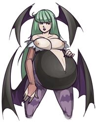 1girls belly breasts bridal_gauntlets clothing darkstalkers demon_girl demon_wings demoness green_hair head_wings large_breasts milf morrigan_aensland narodii nipples pregnant ready_to_pop succubus