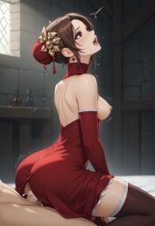 ai_generated brown_eyes brown_hair cum_in_pussy cum_inside drag-on_dragoon drakengard female female_focus from_behind furiae open_mouth orgasm red_clothing red_dress sex sitting_on_person thighhighs tied_hair trembling vaginal_penetration