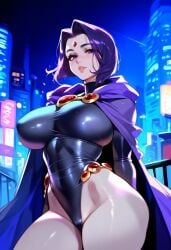 2d ai_generated big_breasts cape colored_skin dc dc_comics female female_focus female_only highleg_leotard leotard purple_hair raven_(dc) short_hair solo solo_female solo_focus tagme