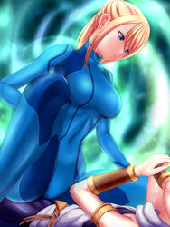 1boy armlet beauty_mark bike_shorts blonde_hair blue_eyes bracelet breasts bulge cowgirl_position crossover crossover_pairing female frottage hiro_(hankakudouga) kid_icarus kid_icarus_uprising large_breasts metroid mole navel nintendo pit pit_(kid_icarus) ponytail rubbing samus_aran straddle super_smash_bros. tied_hair