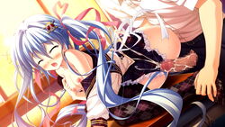 blue_hair blush breasts censored closed_eyes collarbone cum female game_cg hair_ornament long_hair luluna magical_marriage_lunatics!! moonstone nipples open_mouth ornament penis ribbon thighhighs tied_hair twintails yamakaze_ran