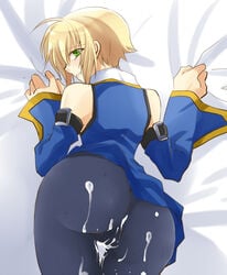 1boy arc_system_works arched_back ass ass_up bare_shoulders blazblue blonde_hair blush crossdressing cum cum_on_ass cum_on_body female femboy from_behind gay girly green_eyes kisaragi_jin looking_back male_only military military_uniform sheet_grab short_hair tagme top-down_bottom-up uniform yaoi