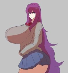 1girls 2d 925kyohei :< alternate_breast_size blue_skirt breasts_bigger_than_head brown_jacket doki_doki_literature_club hairclip huge_breasts human human_only hyper hyper_breasts jacket kunaboto_(style) light-skinned_female light_skin long_hair looking_at_viewer purple_hair school_uniform schoolgirl side_view skirt solo yuri_(doki_doki_literature_club)