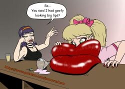 2girls bar colored female hyper_lips immortaltom inflation lip_expansion lips_bigger_than_head tagme thick_lips