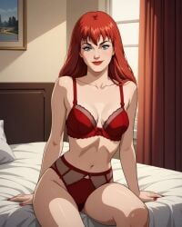 ai_generated bedroom_eyes blue_eyes female lingerie long_hair marvel marvel_comics mary_jane_watson medium_breasts on_bed red_hair red_lingerie redhead seductive smile spider-man_(series) tagme