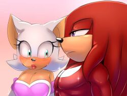 1boy 1girls anthro bare_shoulders clothed clothed_female clothed_male clothes clothing female furry girl_staring_at_guy's_chest knuckles_the_echidna krazyelf looking_at_pecs male male_focus manly muscle muscles muscular muscular_male pecs pectorals rouge_the_bat sonic_(series) sonic_adventure_2 sonic_the_hedgehog_(archie) sonic_the_hedgehog_(comics) sonic_the_hedgehog_(idw) sonic_the_hedgehog_(series) toned toned_back toned_body toned_male wide_shoulders