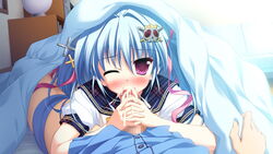 bed blue_hair blush censored cum cum_in_mouth fellatio female game_cg hair_ornament long_hair luluna magical_marriage_lunatics!! moonstone oral ornament penis purple_eyes tied_hair twintails underwear wince yamakaze_ran