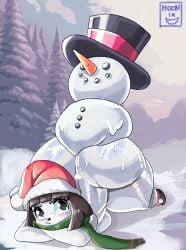 1girls anthro ass ass_up big_breasts blush bodily_fluids breasts christmas christmas_outfit cleavage clothed clothing female female_focus female_only fur furry hat holidays jack-o'_pose jack-o_pose jackochallenge moonix_xero scarf snow snowman tagme tagme_(artist)