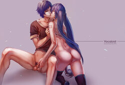 1boy ass bottomless ecchi_pantsu female hatsune_miku kaito long_hair nude penis purple_hair pussy short_hair thighhighs tied_hair twintails uncensored vocaloid