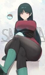 azz0422 black_hair blunt_bangs boots female huge_breasts large_breasts legs_crossed long_hair pokemon psychic sabrina_(pokemon) thick_thighs tight_clothing unamused