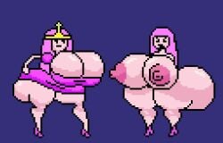 adventure_time bad_anatomy cleavage clothed crown gigantic_ass gigantic_breasts gigantic_nipples high_heels nude pixel_art princess_bubblegum simple_background the_inclined_trunk