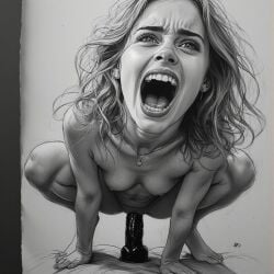 ai_generated cumming earrings emma_watson fit_female harry_potter hermione_granger monochrome necklace orgasm_face riding_dildo screaming squatting_on_dildo