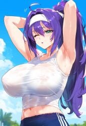 ai_generated armpits arms_up blue_hair breasts_visible_through_clothing fire_emblem gym_uniform large_breasts light-skinned_female long_hair mia_(fire_emblem) nipples nipples_visible_through_clothing no_bra ponytail running see-through tank_top tharkica track_and_field track_uniform