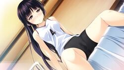 absurdres bed blush breasts cameltoe female game_cg habane_kotori highres kono_oozora_ni_tsubasa_wo_hirogete legs long_hair looking_down medium_breasts ponytail purple_eyes purple_hair sitting solo spread_legs thighs tied_hair volleyball_uniform wet yashima_takahiro