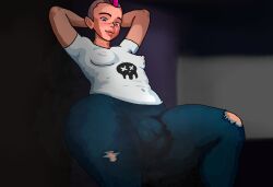 big_bulge bullet_echo erect_nipples erect_nipples_under_clothes face_scar femboy huge_ass jeans male male_only pink_hair punk ripped_jeans solo solo_femboy solo_male stalker_(bullet_echo) thick_thighs