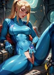 1girls ai_generated blonde_hair_female blue_eyes_female blush_lines crotch_cutout female_only knee_up masturbating masturbation metroid nintendo pixxx8711903 ponytail pussy rubbing_clitoris samus_aran solo_female zero_suit_samus