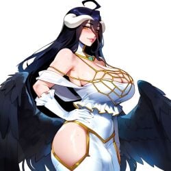 1girls ahoge ai_generated albedo_(overlord) bare_shoulders black_feathers black_hair black_wings blush breasts bulge bulge_through_clothing cleavage demon_girl detached_collar dress feathered_wings feathers gloves hand_on_hip hip_vent horns long_hair looking_at_viewer low_wings overlord_(maruyama) racerai shiny shiny_hair slit_pupils smile solo succubus succubus_horns sweat thighs white_dress white_gloves wings yellow_eyes