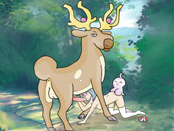 2014 absurdres anatomically_correct animal_genitalia balls blush castform fellatio female feral from_behind human male oral outside penis pokemon pokephilia reindeer sex stantler straight threesome trainer wood zoophilia