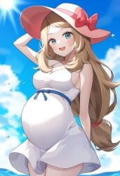 aged_up ai_generated novelai pokemon pregnant serena_(pokemon) sun_hat sundress