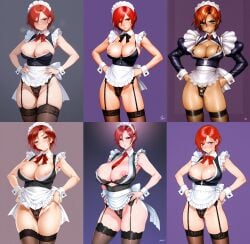 ai_generated big_breasts different_artstyle hands_on_hips illustrious_(stable_diffusion) king_of_fighters lingerie maid_headdress maid_uniform multiple_images nipple_slip nipples pout red_eyes red_hair self_upload skindentation snk stable_diffusion vanessa_(kof)