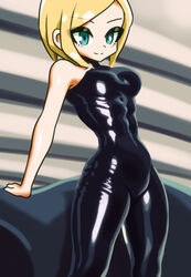 2d blonde_hair blue_eyes boots breasts enkaboots female latex shiny_clothes short_hair