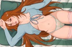 1girls bed bedroom_eyes belly_button big_breasts bleach breasts brown_hair busty cleavage curvy exposed_midriff female female_only inoue_orihime long_hair looking_at_viewer luvlyroseve lying lying_on_back midriff on_back open_mouth panties pinup_pose pose skimpy skimpy_clothes solo thighhighs underboob