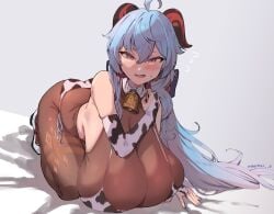 1girls ass big_ass big_thighs blue_hair blush bodysuit breasts breasts_bigger_than_head cow_print cowbell cute embarrassed female female_focus female_only ganyu_(genshin_impact) genshin_impact horns huge_ass huge_thighs long_hair looking_at_viewer magister_(bigbakunyuu) massive_breasts tagme thick_hips thick_thighs thighs