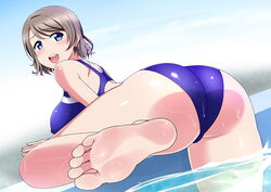 1girls ass barefoot blue_eyes breasts butt competition_swimsuit dat_ass feet female female_only grey_hair looking_at_viewer looking_back love_live! love_live!_sunshine!! one-piece_swimsuit panimiiru pov_feet pulque short_hair smiley_face soles suggestive_fluid swimsuit toes watanabe_you