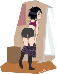 1girls black_hair black_socks brown_hair female female_only female_solo looking_back marvel marvel_comics one_female peni_parker raccoonsandwich short_hair shorts skirt socks solo solo_female solo_only spats sports_bra sportswear undressing