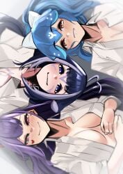 3girls akuma_nihmune animal_ears bangs bao_(vtuber) black_hair blue_eyes blue_hair blurry blurry_background blurry_foreground blush breasts cleavage collarbone collared_shirt depth_of_field dress_shirt eyebrows_visible_through_hair grin heart heart-shaped_pupils large_breasts long_hair looking_at_viewer multicolored_hair multiple_girls open_clothes open_shirt pink_eyes pupi purple_hair red_eyes shirt shylily smile symbol-shaped_pupils the_bikini_bottoms upper_body virtual_youtuber white_shirt wing_collar