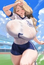 ai_generated big_breasts blonde_hair bouncing_breasts breasts breasts_visible_through_clothing fire_emblem fire_emblem:_three_houses gym_uniform huge_breasts large_breasts light-skinned_female long_hair mercedes_von_martritz nintendo nipples nipples_visible_through_clothing no_bra running see-through sweat tharkica thick_thighs track_and_field track_uniform