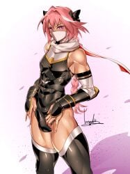 1boy ambush_(trap) androgynous artist_name astolfo_(fate) black_bow black_leotard black_thighhighs blush bow bowalia braid bulge bulge_through_clothing cherry_blossoms covered_abs covered_navel detached_sleeves face_mask fate/grand_order fate_(series) femboy fishnet_armwear fishnets gauntlets hair_between_eyes hair_intakes hair_ornament hairbow hands_on_crotch lean_body leotard linea_alba long_braid looking_at_viewer male_focus mask matching_hair/eyes mouth_mask multicolored_hair muscular_arms muscular_male muscular_thighs ninja ninja_mask pectorals pink_background pink_eyes pink_hair pink_theme purple_eyes scarf signature simple_background single_braid solo solo_male standing streaked_hair thighhighs thong thong_leotard tsurime very_long_hair watermark white_hair white_scarf