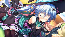 blue_hair censored closed_eyes cum elbow_gloves facial female game_cg gloves hair_ornament long_hair luluna magical_marriage_lunatics!! moonstone ornament penis thighhighs tied_hair twintails yamakaze_ran