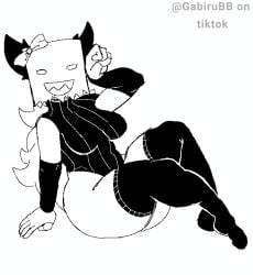 :3 big_ass big_breasts black_and_white black_clothing curvy cute fat_thighs female female_oc horns long_hair loujarro_webi pixel_art pose sharp_teeth smile tiktok