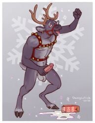 2017 5_fingers anthro antlers athletic athletic_anthro athletic_male balls bell bell_harness black_hooves bodily_fluids border carton chewycuticle christmas cloven_hooves deer drooling ear_piercing ear_ring ears_back eggnog english_text erection fingers fist flat_colors frenum_ladder frenum_piercing fur genital_piercing genitals gold_ear_ring gold_penis_piercing grey_background grey_body grey_fur half-closed_eyes halter hand_on_penis happy harness head_back holidays hooves horn humanoid_genitalia humanoid_penis jingle_bell jingle_bell_harness ladder_piercing looking_pleasured magic male male_only mammal masturbation motion_lines narrowed_eyes new_world_deer nipples nude open_mouth penile penile_masturbation penis penis_grab penis_piercing piercing pink_penis pivoted_ears raised_fist raised_hand reindeer ring_piercing saliva signature simple_background smile snowflake solo spilled_drink standing tail text tongue tongue_out unguligrade white_border yellow_eyes