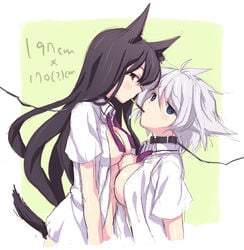 2girls anetai_toyone animal_ears asymmetrical_docking black_hair blue_eyes bondage breast_press breasts brown_eyes collar female grey_hair kemonomimi_mode kosegawa_shiromi large_breasts leash long_hair multiple_girls odawara_hakone open_clothes open_shirt pocky pocky_kiss red_eyes saki shared_food shirt short_hair sketch tail white_hair white_shirt yuri