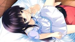 absurdres barefoot bed black_hair blush breasts collarbone cunnilingus cunnilingus_in_skirt dress feet female finger_to_mouth game_cg habane_kotori head_under_skirt highres implied_cunnilingus kono_oozora_ni_tsubasa_wo_hirogete legs licking long_hair oral purple_eyes purple_hair short_hair sitting small_breasts spread_legs thighs yashima_takahiro