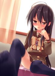 bed black_hair blurry blush brown_eyes clothing curtains footjob jewelry long_hair looking_at_viewer necklace on_bed school_uniform serafuku shakugan_no_shana shana sitting sweatdrop thighhighs very_long_hair window