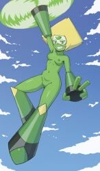 1girls anime_style belly belly_button blonde_hair blue_sky breasts cartoon_network cloud clouds colored_skin female female_only flying forehead forehead_jewel gem gem_on_forehead glasses green_eyes green_skin helicopter looking_at_viewer nipples open_mouth peridot_(steven_universe) pussy robotic_arm robotic_legs sky smile smiling smiling_at_viewer solo solo_female steven_universe teeth v_sign yellow_hair