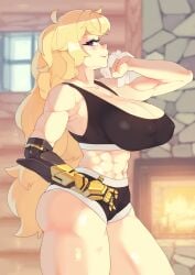 1girls abs blonde_female blonde_hair cleavage gym gym_clothes gym_shorts gym_uniform hand_on_hip long_hair long_hair_female purple_eyes robotic_arm rtil rwby short_shorts solo_female towel yang_xiao_long