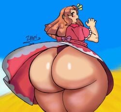 ass bubble_butt dress dress_lift edit hinawa huge_ass long_hair looking_back mother_(series) mother_3 surprised thick_thighs thong upskirt