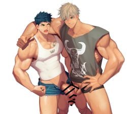 2boys balls bara beefy biceps big_balls big_penis blonde_hair blue_hair blush censor_bar censored censored_penis collarbone cyan_eyes earrings flaccid frown gay green_eyes hand_on_hip hand_on_shoulder hi_res huge_cock hunk jeans looking_at_another male male_only manly mature_male meisho_hanten muscles muscular muscular_arms muscular_legs muscular_male muscular_thighs no_underwear open_mouth original original_character pants_down pecs pubic_hair short_hair shorts sleeveless smile standing sweat sweatdrop tanktop tattoo tattoo_on_chest tattooed_arm thick_arms thick_eyebrows thick_penis thick_thighs thumbs_up tight_clothing tough_guy v-shaped_eyebrows veiny_arms veiny_belly veiny_muscles veiny_neck veiny_penis very_high_resolution white_background wide_shoulders yaoi